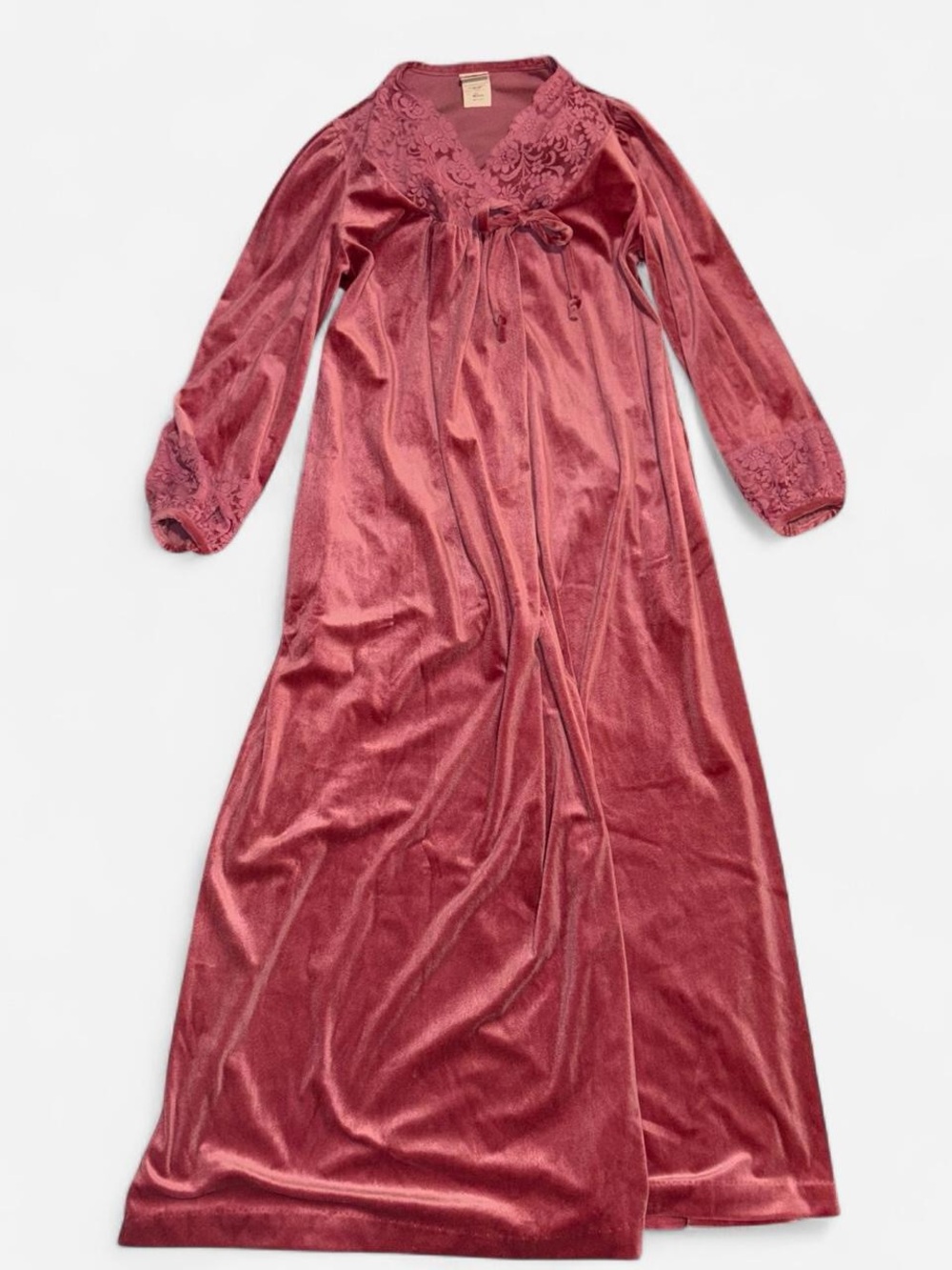 vtg 80s velour lace bow housecoat with pockets - gilligan & o’malley, sz md MINT